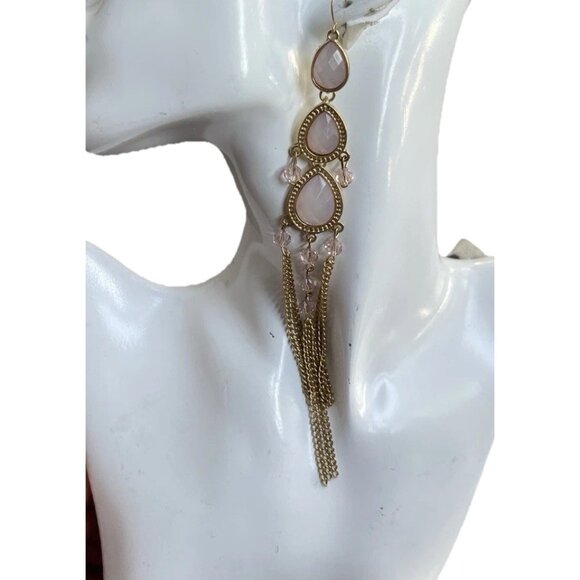 Vintage Pink Nude Glass Moonstone Tassel Layer Gold Earrings Dangle Chain 7” - Picture 1 of 14
